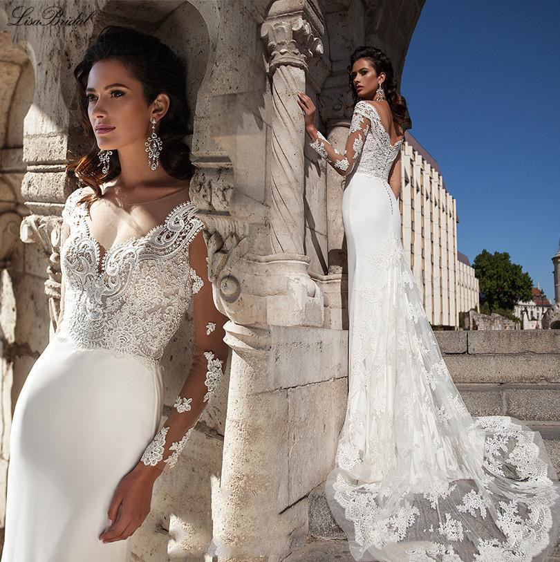 

Milla Nova New Sexy Mermaid Wedding Dresses Illusion Neck Long Sleeves Court Train Appliqued Lace Bridal Gowns, Light sky blue