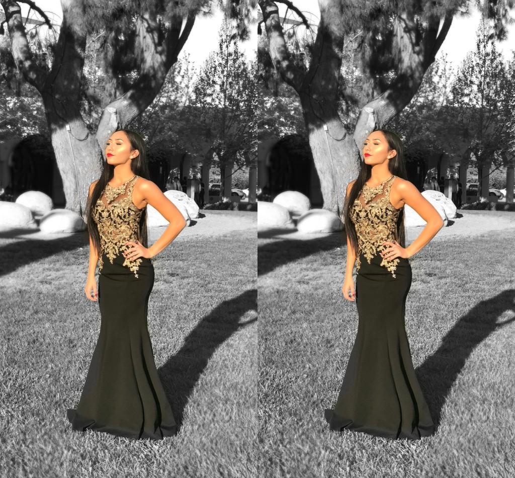 Elegant Prom Dresses Black Gold Applique Mermaid Evening Dresses Jewel Neck Floor Length Cheap Special Occasion Party Dresses Robe Vestidos