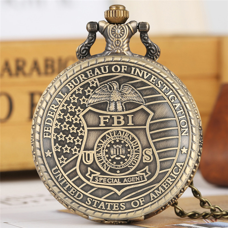 

Antique Classic The United States of America FBI Design Quartz Pocket Watch Art Collections for Men Women Necklace Chain, Bronze