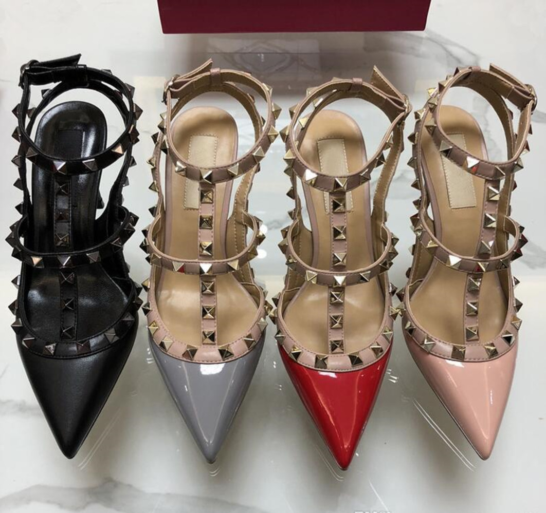 

2019 Brand Women Pumps Wedding Shoes Woman High Heels sandal Nude Fashion Ankle Straps Rivets Shoes Sexy High Heels Bridal Shoes, Wine red