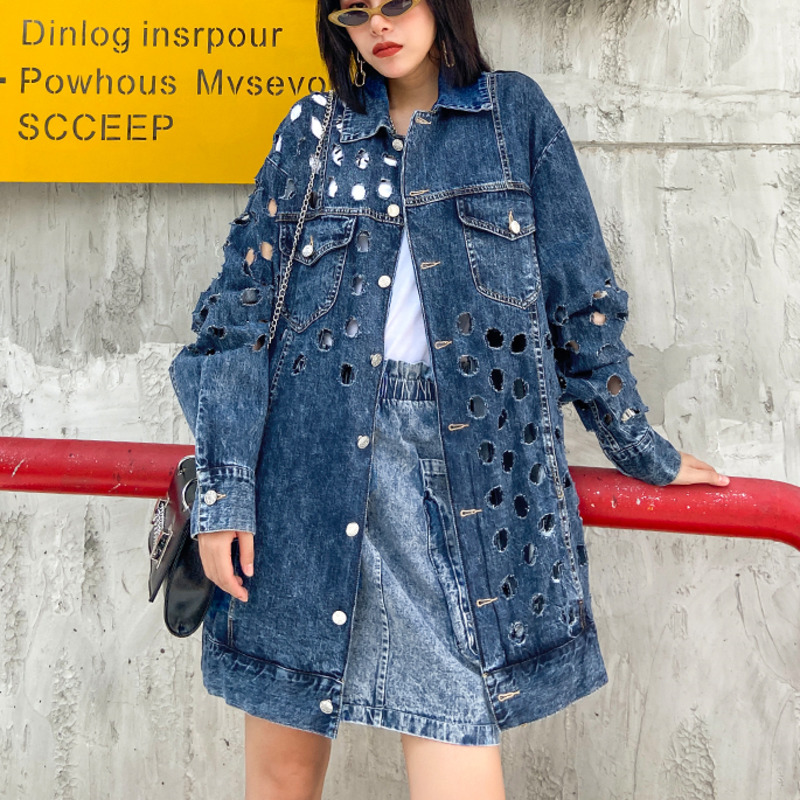 

XUXI Cowboy Thin Coat Women 2020 New Autumn Large Size Loose Fashion Hole Streetwear Workwear Women Long Sleeve Jacket FZ2410, Blue