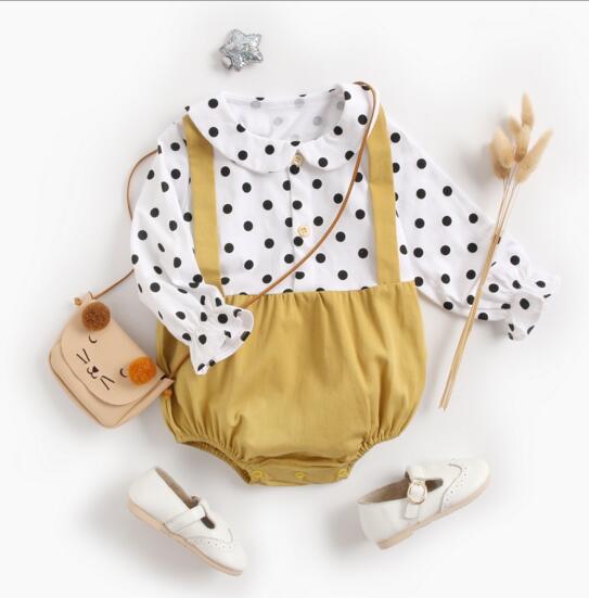 

Ins Baby clothing Spring Fall 100% cotton romper Pet Pan Collar Polka Dots Long sleeve Girl romper Baby cuasual clothing, As picture