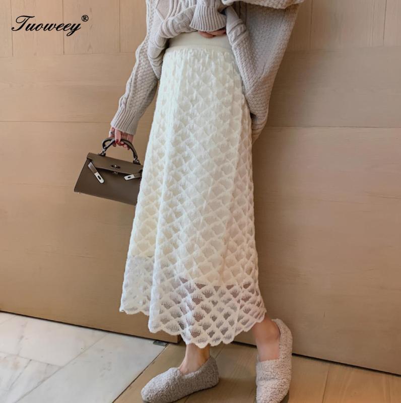 

2020 Spring Summer New Pattern High Waist Solid Patchwork Lace Dot Print Mesh Long Loose High Street Skirt Women