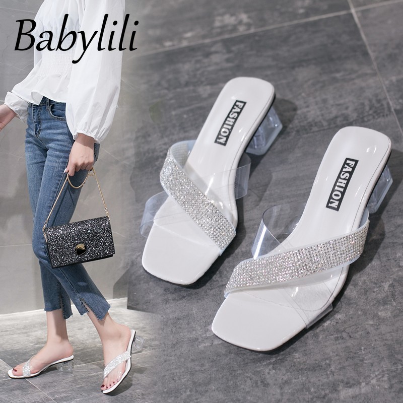 

Summer Women Bling Slippers Beach Luxury High Heels for Ladies Transparent Rhinestones Female Slides Square Head Shoes Durable, Blue