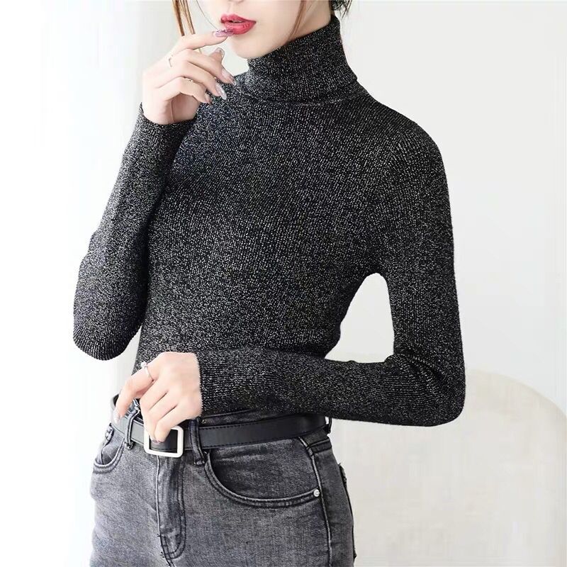 

Shiny Fitted Top High neck sweater sweater female autumn winter bright silk Slim long-sleeved bottoming shirt Plus Size, Beige