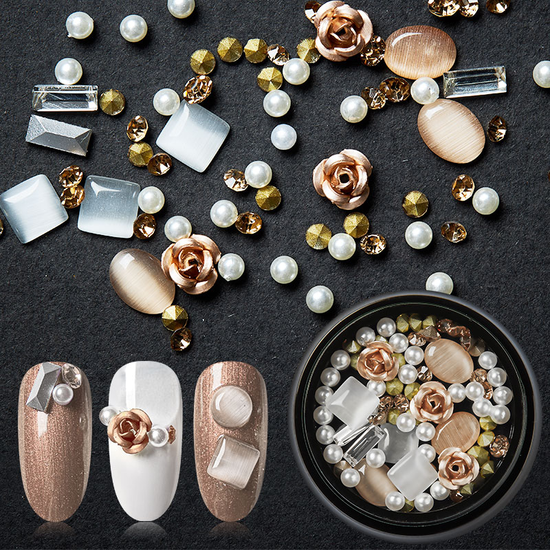 

1 Box 3D Rhinestones Stones Mixed Colorful Rose Jewelry DIY Design Decals with Nail Curved Tweezer Charming Nail Art Decorations