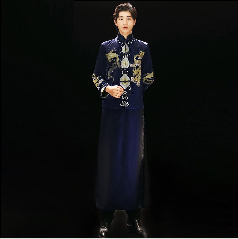 

Ancient China men's clothing chinese style wedding Gown blue embroidery groom evening Long gown tang suit costume Xiuhe toasting Robe