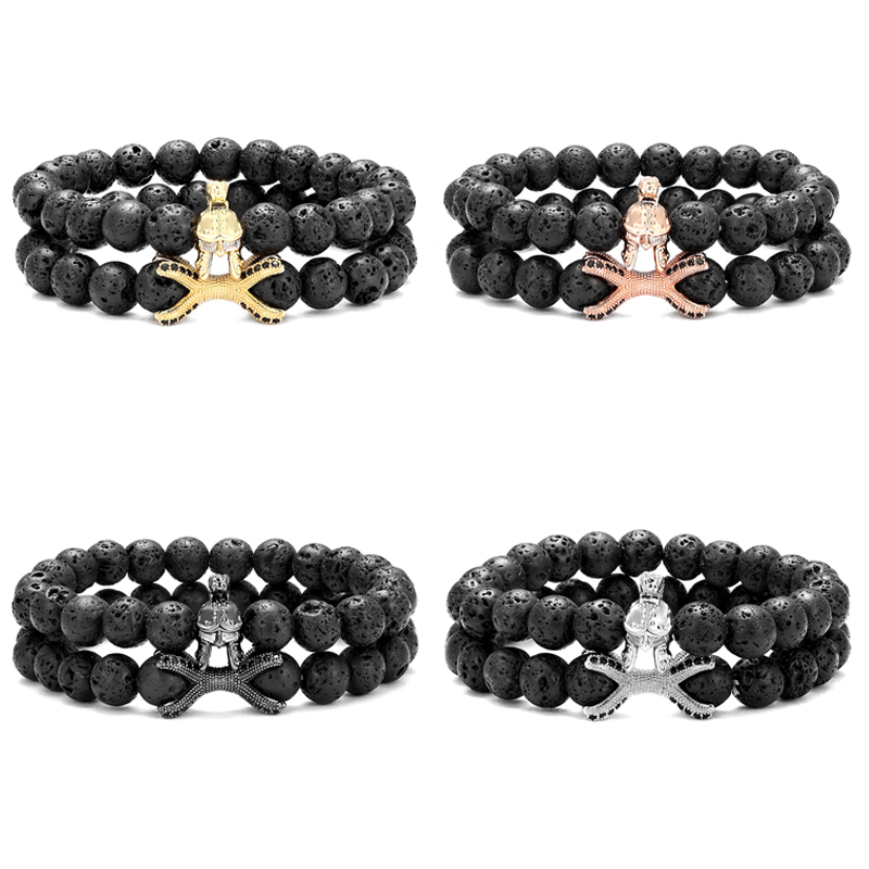 

2 pieces / set couple distance classic bracelet spartan warrior helmet lava stone beaded bracelet men and women friends gift