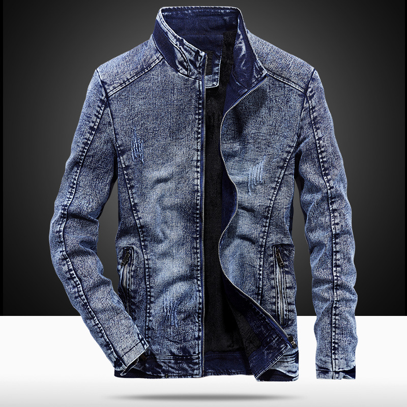 

New Winter Mens Thick Warm Korean Slim Fit Stand Collar Denim Casual Zipper Long Sleeve Jean Jacket Plus Size