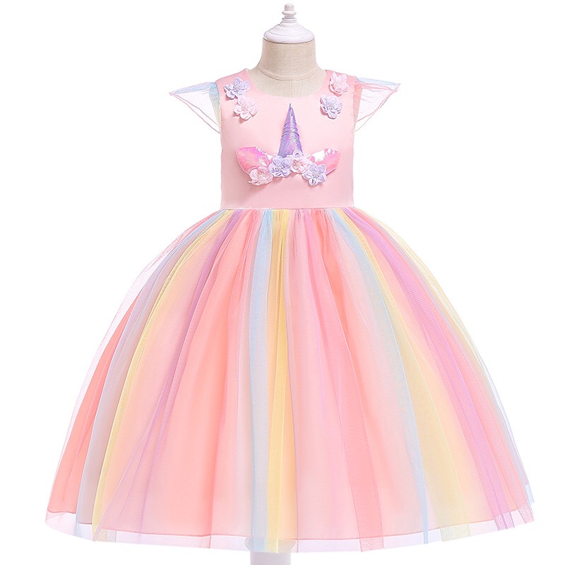 

New Fashion kids designer clothes Girls Dresses Unicorn princess dress floral Childrens Dresses Rainbow long Formal Dresses, Yellow