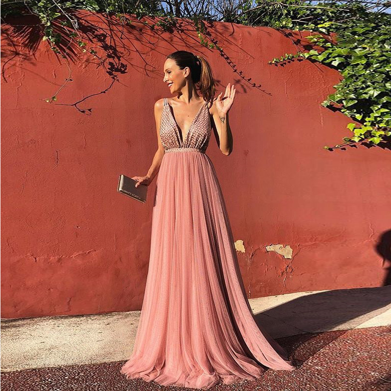 

Sexy Evening Gowns Summer 2018 Young Prom Dresses Woman Party Night Festa Maxi Boho Pink