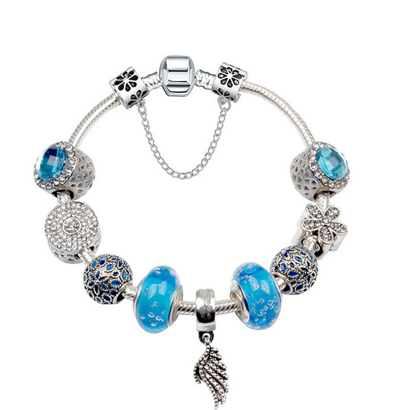 

European charm beads 3MM snake chain suitable for ladies Pandora style blue glass beads crystal snowflake pendant bracelet jewelry