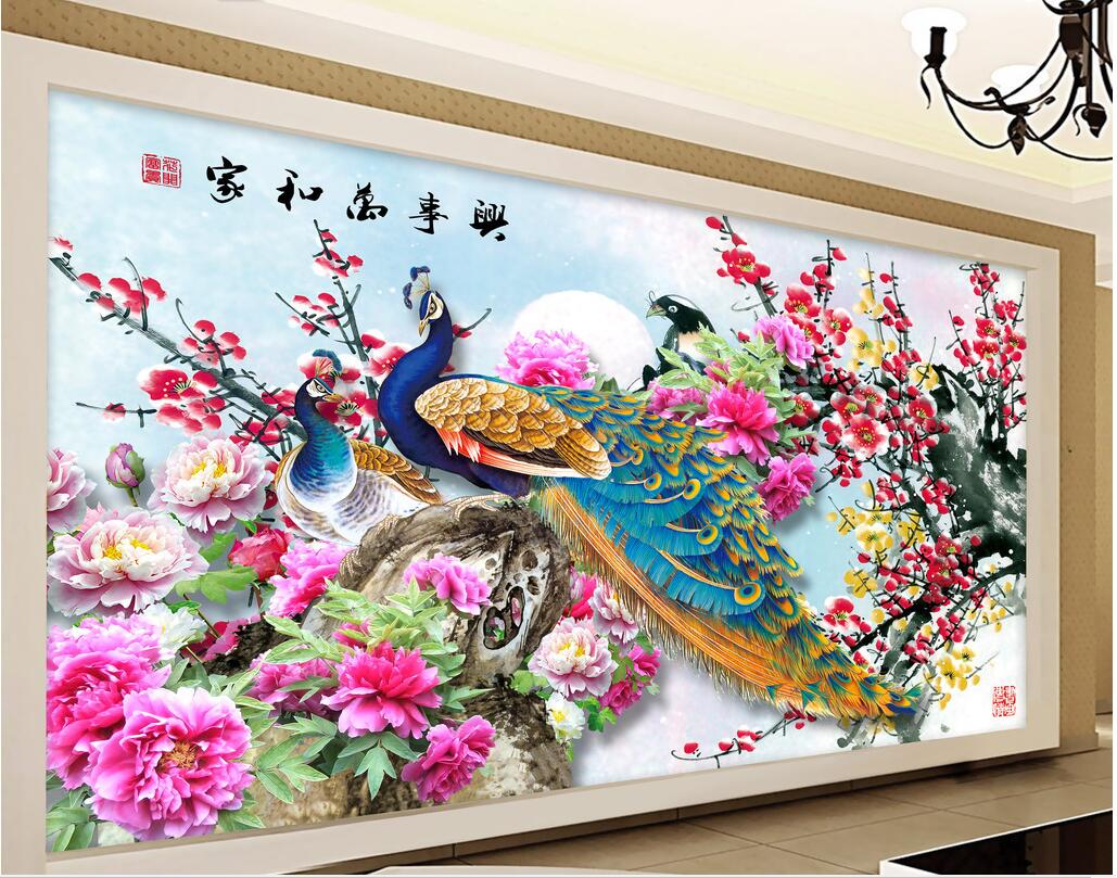 

3d wallpaper custom photo mural Chinese peacock flower scenery tv background home decor 3d wall murals wallpaper for walls 3 d, Non-woven