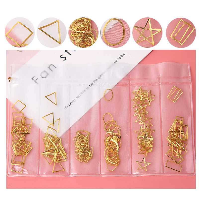 

1Bag/6Grids Hot Sale Metal Moon/Stars/Hearriangle/Frame Mixed Shape Nail Rivets New Arrival Nail Decorations Art