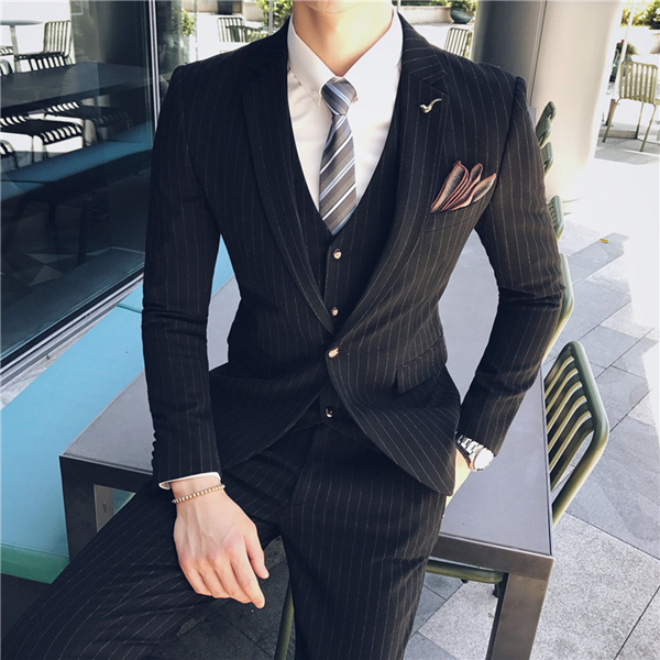 

Black Mens Suit Stripe Casual Business Suit Social Formal Jacket Vest Pants 3 Pieces Set Groom Wedding Tuxedo Costume, Gray