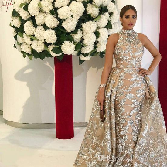 

2019 High Neck Champagne Yousef Aljasmi Dubai Arabic Evening Dresses Prom Gowns Overskirt Detachable Train Mermaid Lace Applique Party Dres