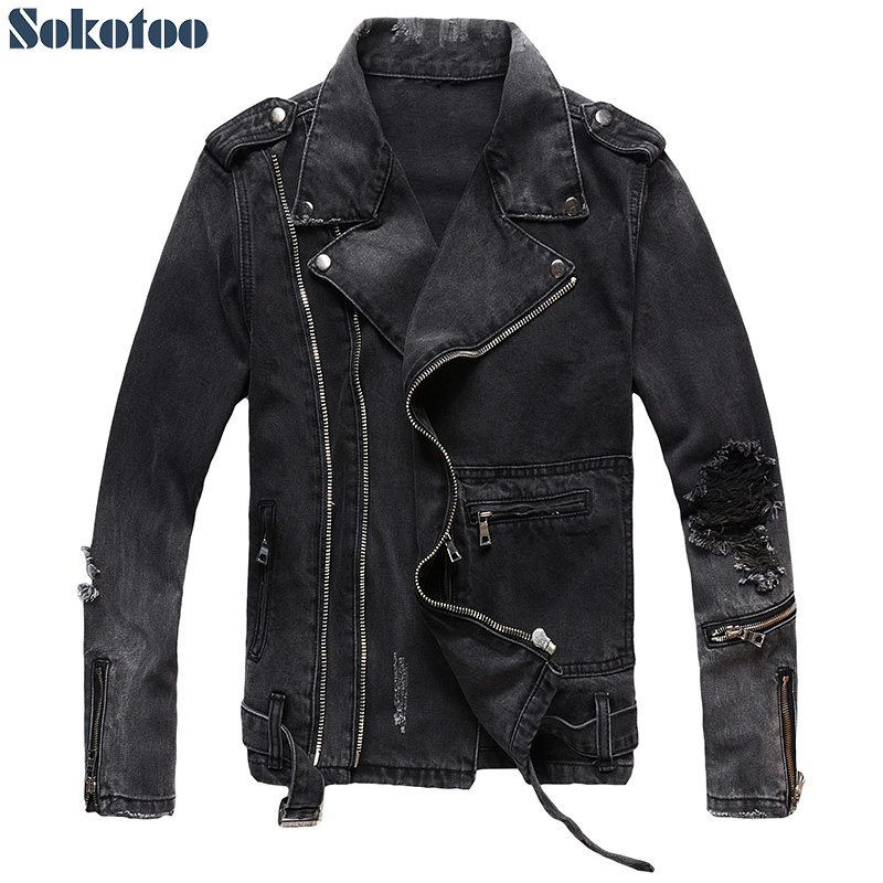 

Sokotoo Men's zippers black denim jean biker jacket for motorcycle Vintage epaulet holes ripped distressed coat SH190906