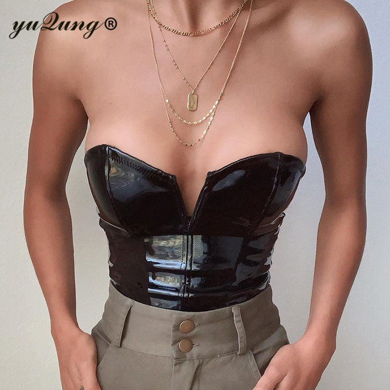 

yuqung 2020 Sexy Women pu leather Strapless Top Sexy Sleeveless v neck Crop Top Cropped Boob Bandeau Tube Tops Shirt Cami, Black