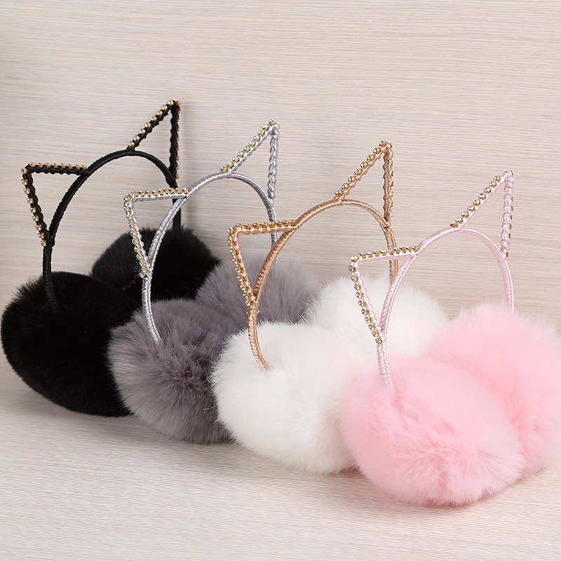 

New Lovely Winter Warm Cat Ear Warmers Rhinestone Cat Ear Earmuffs For Women Playful Girls Muffs Cold Protection Warm Hot, As the picture show