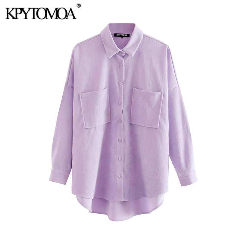 

KPYTOMOA Women 2020 Fashion Pockets Oversized Corduroy Shirts Vintage Long Sleeve Asymmetric Loose Female Blouses Chic Tops, As picture