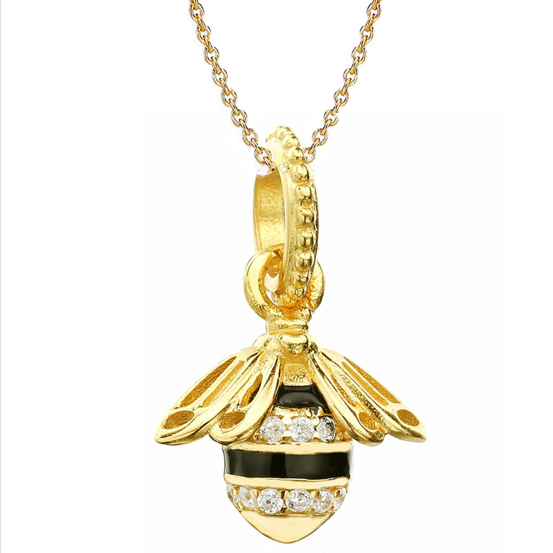 

Pendant Necklaces 925 Sterling Silver Necklace Black Enamel Gold Color Shine Queen Bee For Women Wedding Gift Europe Jewelry