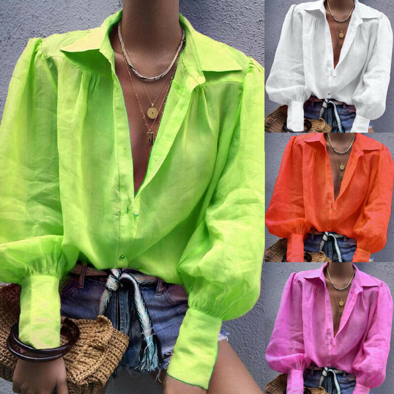 

Fashion Women' Ladies Summer Long Sleeve Shirt Loose Casual Lantern Sleeve Blouse Tops Streetwear, Green