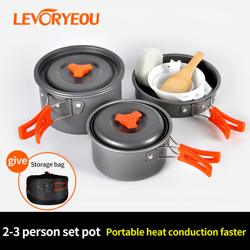 

LEVORYEOU Camping Utensils Dishes Cookware Set Picnic Hiking Heat Exchanger Pot Kettle Outdoor Tourism three-piece Tableware