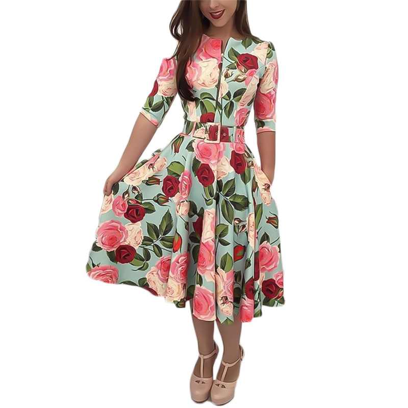 

2019 New Dress Women Zipper Printed Five-point Sleeve Dress Female Short Sleeve O-neck Women Clothes Autumn Party Night Dresses, As the picture shows