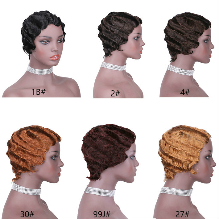 

#27 Honey Blonde Pixie Cut Finger Wave Short Human Hair Wig Full Machine Made Malaysian Remy Ocean Wave Glueless Bob Wig For Black Women, #1b