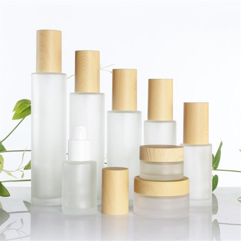 

30ml 40ml 60ml 80ml 100ml Frosted Glass Cosmetic Cream Jar Bottle Face Cream Pot Lotion Pump Bottles with Plastic Imitation Wooden Lids