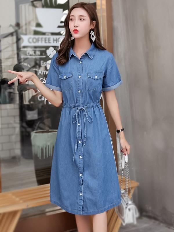 

Denim Dresses Women 2020 Summer Plus Size Female Short Sleeve Bands Turn-Down Collar Bow Striped Casual Dress Woman BOoDinerinle, Denim blue