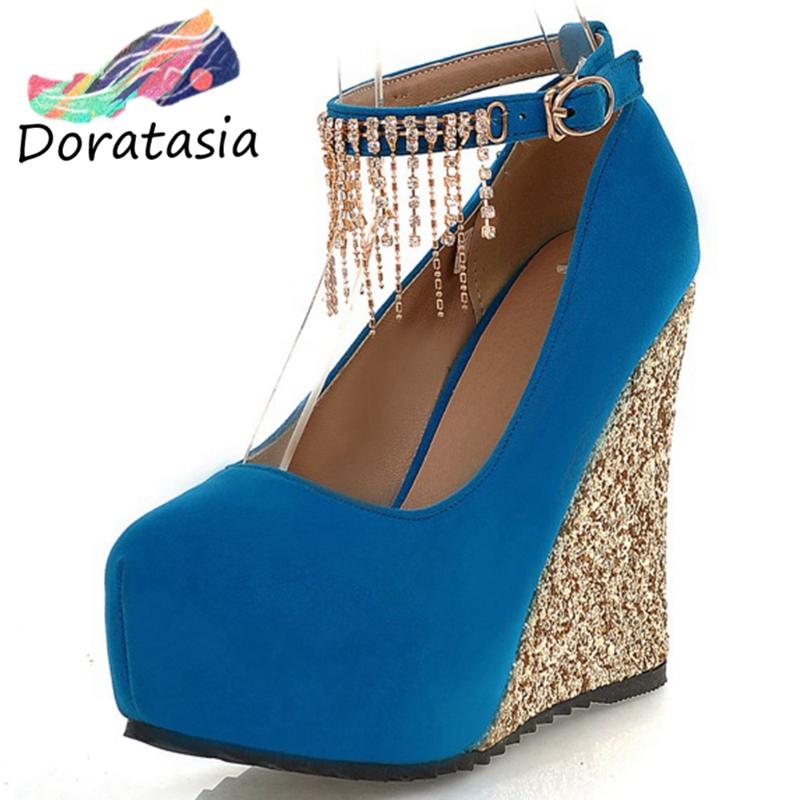 

DORATASIA Elegant Lady Spring Pumps Platform Chain Ankle Strap High Wedges Pumps Women 2020 Fashion Shoes Woman, Black