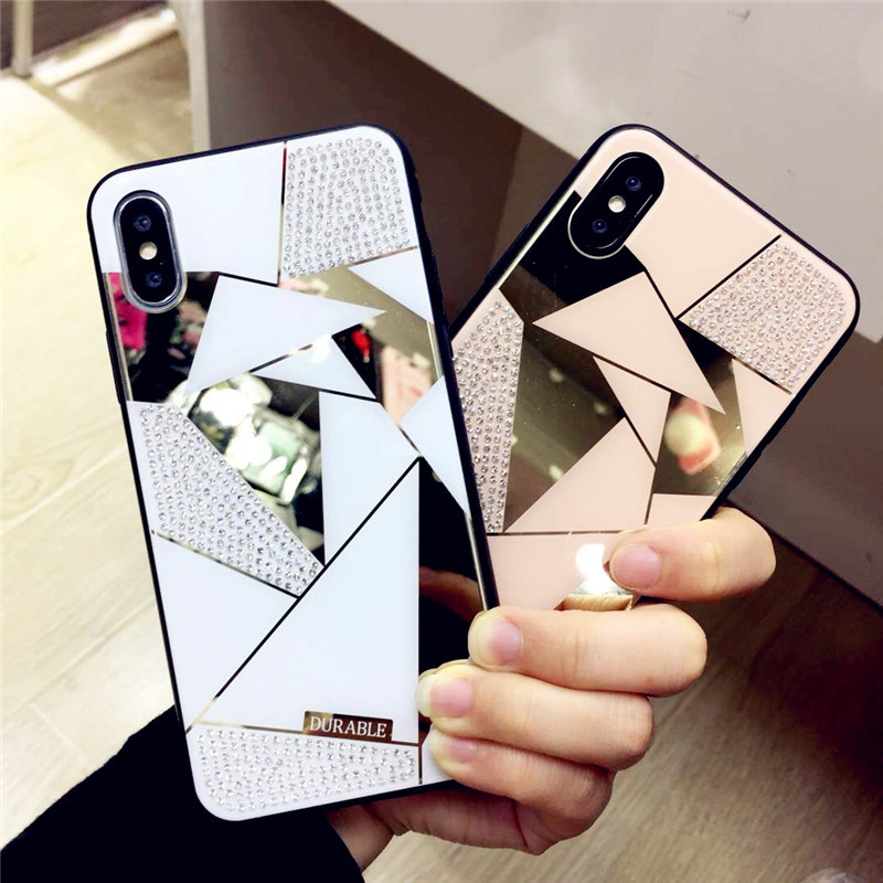 

Hot Luxury Creative Mirror Rhombus Phone Case For iPhone X XR XS MAX Cover For iPhone 7 8 6 Plus 11 Por Max Fashion Water Drill Case, Rose gold