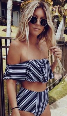 

Sexy 2 Piece Set Swimwear Striped Off-the-Shoulder BIKINI Slash Neck Bathing Suit Swinsuit Swimming Suit For Women