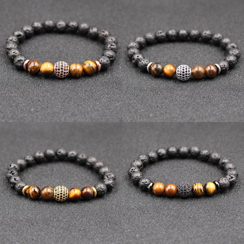 

4 Styles Natural Black Lava Stone Beads Elastic Bracelet Tiger Eye Stone Bracelet Volcanic Rock Beaded Hand Strings Brass Bracelets