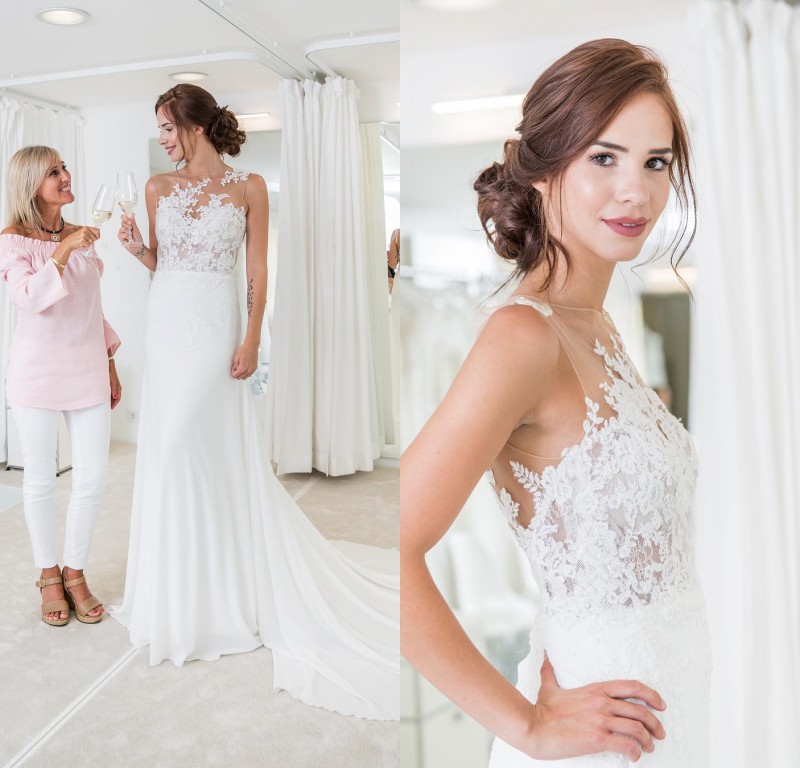 

2020 A Line Wedding Dresses Chiffon Applique Wedding Dresses Jewel Sweep Length Bridai Gowns Vestidos De Novia, Dark green