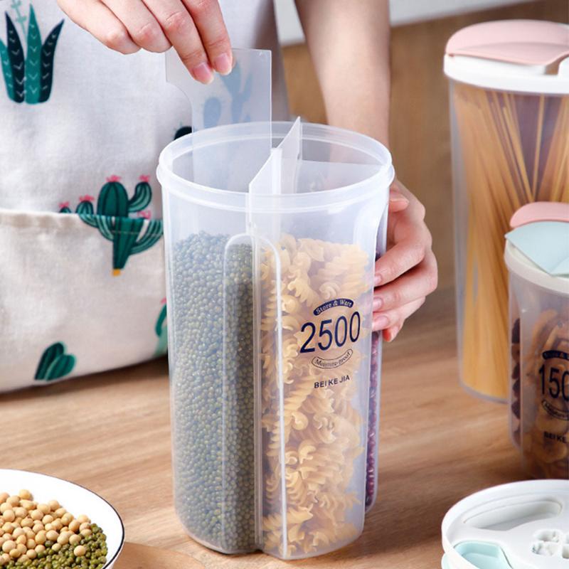 

Transparent Grain Snack Storage Box Plastic Kitchen Compartment Barrel Household Sealed Cereal Storage Containers Jar