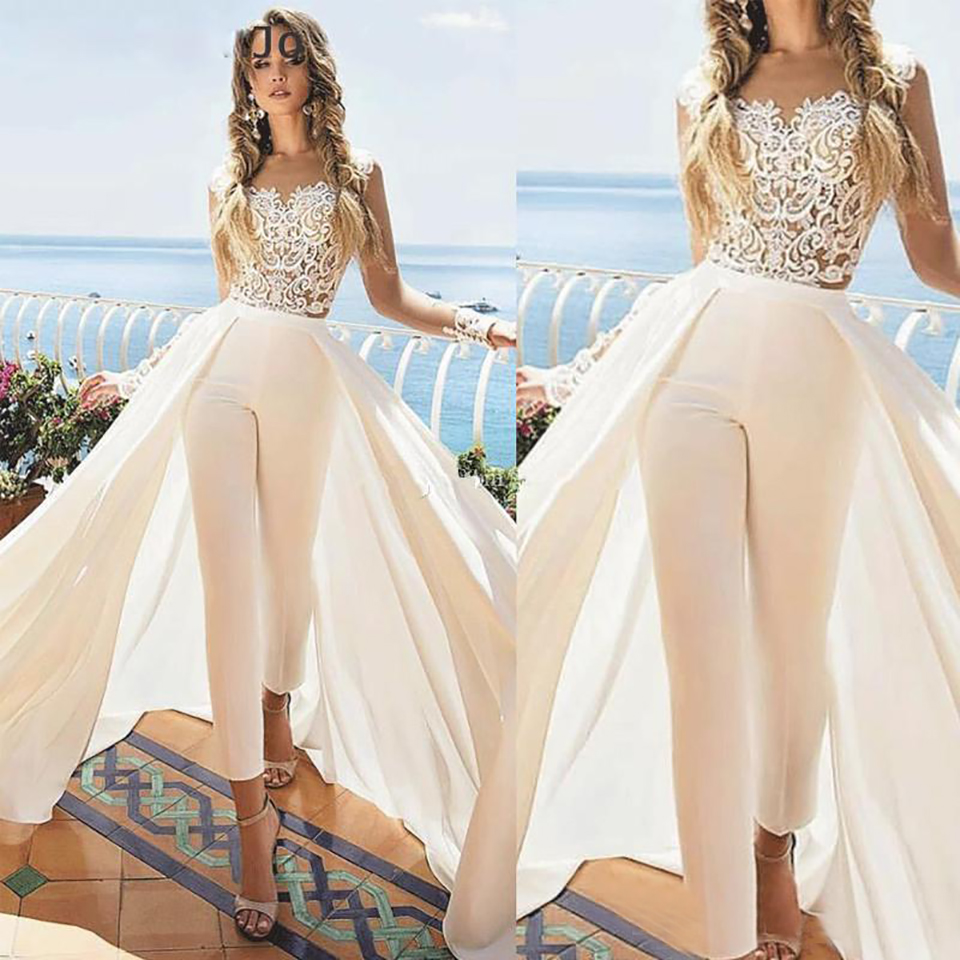 

New Jumpsuit Wedding Dresses with Detachable Train Ankle Length Jewel Neck Appliques Outfit Bridal Dress chiffon Overskirt Wedding Gowns, White