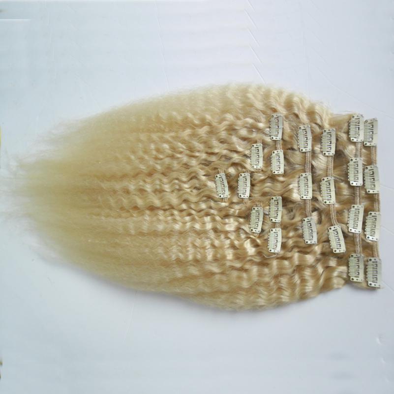 

Blonde Brazilian Remy kinky straight Hair Clip In Human Hair Extensions 10 Pieces/Set Full Head Sets 120G Coarse Yaki clip in extensions