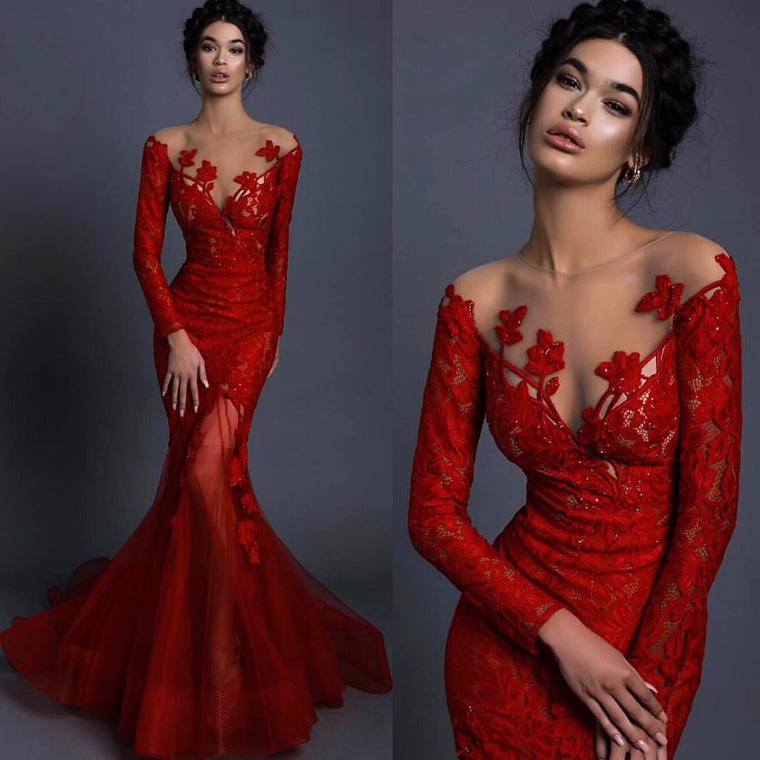 

Chic Red Beaded Mermaid Evening Dresses Sheer Jewel Neck Long Sleeves Prom Gowns Floor Length Tulle Plus Size Appliqued Formal Dress, Sage