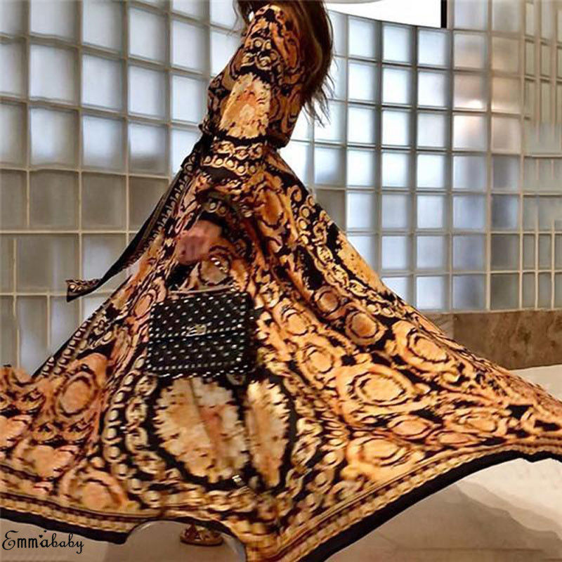 

New Vintage split gold Christmas dress Women winter elegant print maxi dress long sleeve Autumn loose party boho sexy, Yellow