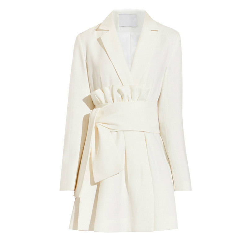 

EWQ] 2020 Autumn Full Sleeve Notched Sashes Bandage Slim Design High End Temperament Office Lady Dress Women' Fashion Tide, White