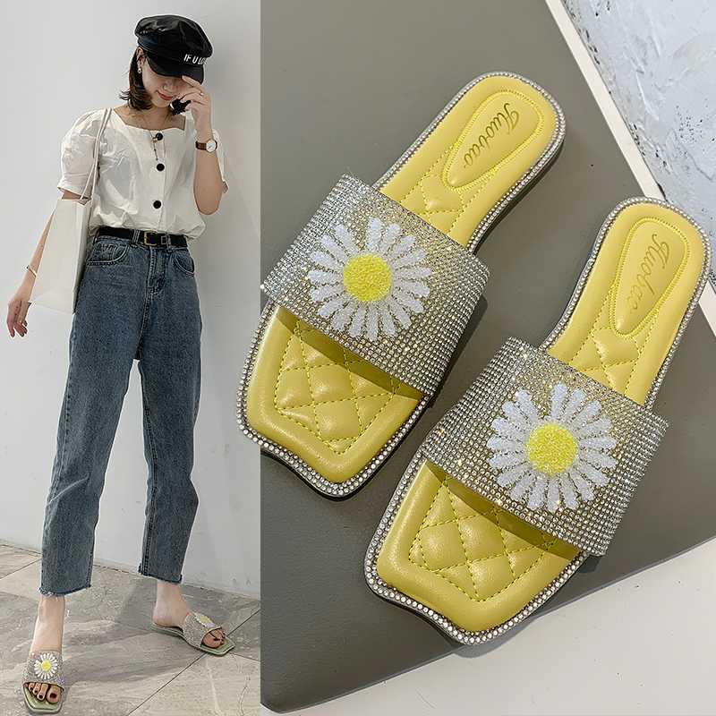 

summer net red water drill small wrinkled chrysanthemum slippers women wear flat bottom ins fashion fairy beach sandals, See chart