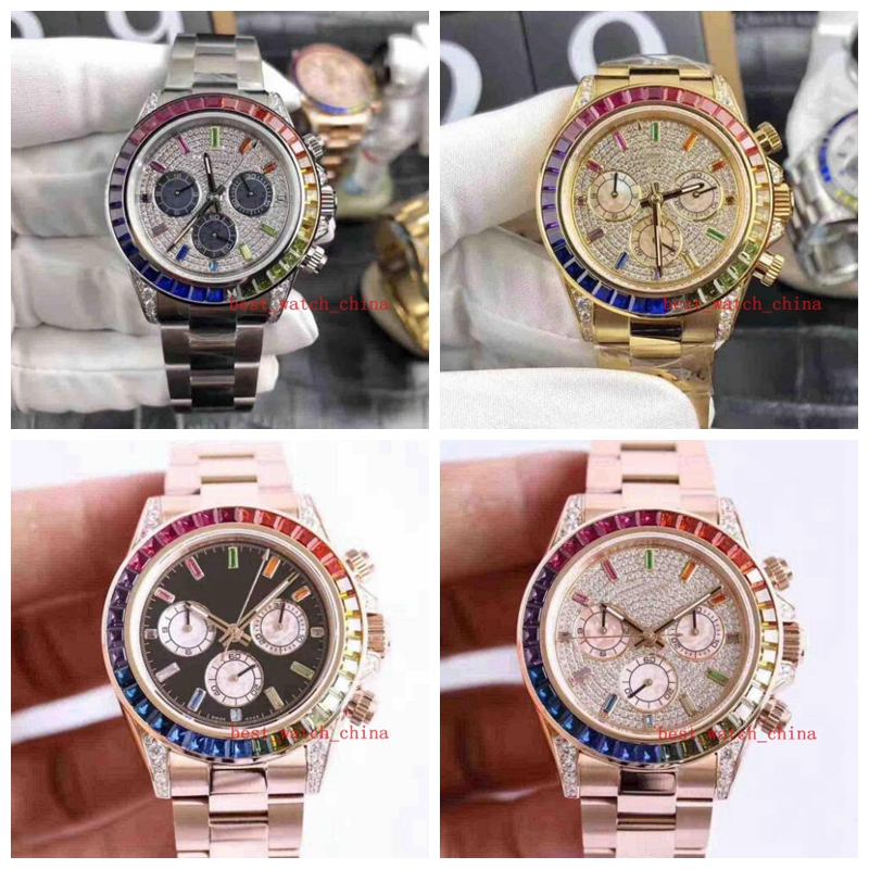 

4 Style Top selling Top Quality Yellow Gold Strap 116598 RBOW Rainbow Diamond Bezel Automatic movement Men luxury Watch No Chronograph, Waterproof 50m