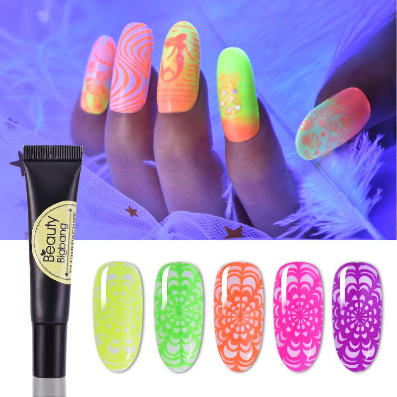 

Beautybigbang 8ml Neon Stamping Gel Fluorescent Soak Off Colorful Varnish Glow In The Dark UV Light Nail Art for Plates, 5a