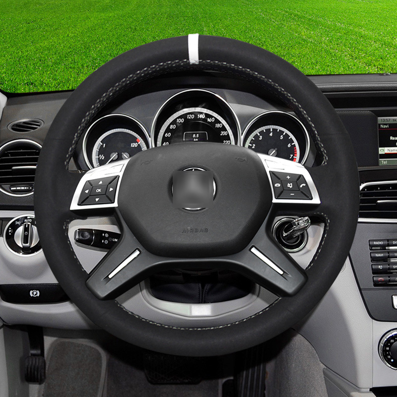 Black Suede White Thread Hand Sew Wrap Car Steering Wheel Cover For Mercedes-Benz C Class-image-553641381