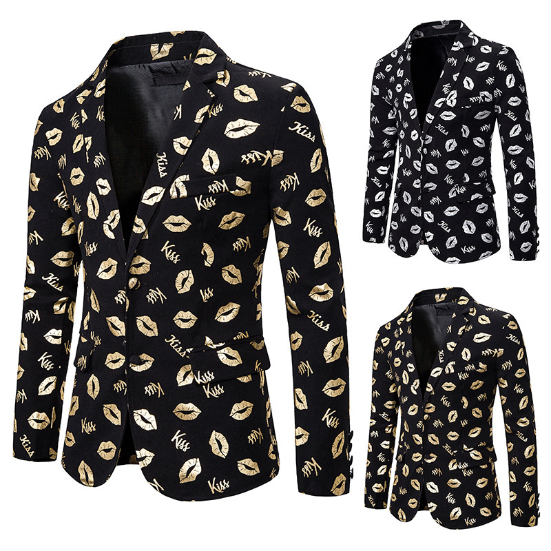 

Men' brand business personality bronzing casual printing suit vacation wedding groomsman European and American sizes XXL, Gold