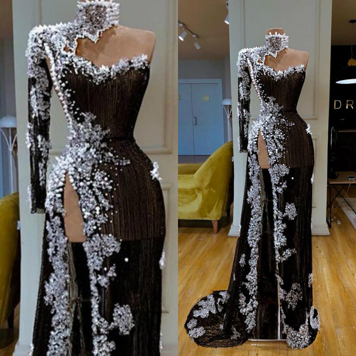 

Black Evening Dresses High Neck Side Split Long Sleeve Mermaid Prom Dress Appliques Beaded Sexy Special Occasion Gowns Vestidos De Novia, Dark navy