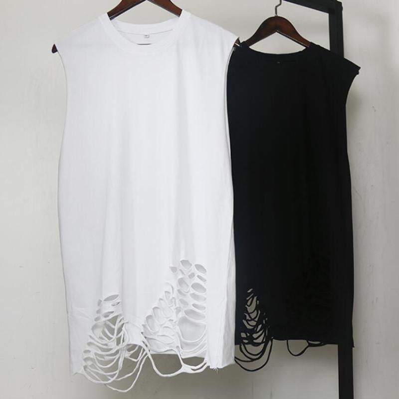 

Summer white black ripped hole punk long tank top men women vintage street wear hip hop sleeveless shirts dropshipping