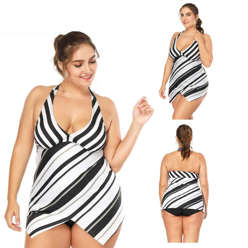 

Women's Swimwear Conservative Flat Split Black White Twill Fat Swimsuit Ladies Comfortable Sexy Quick Dry Halter Beachwear, Photo color